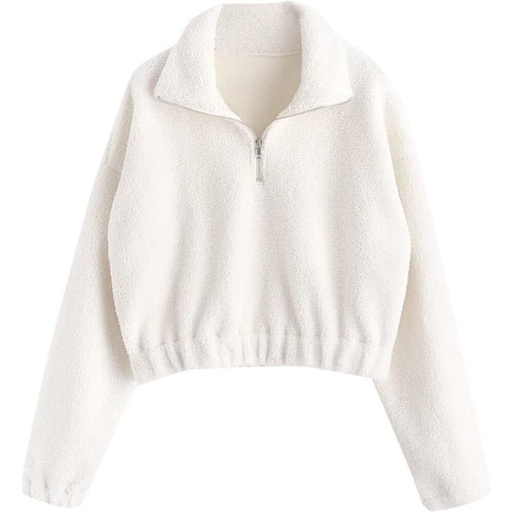 Women's White Long Sleeve Lapel Half Zip Plain Faux Fur Solid Sweatshirt